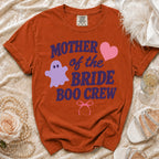 Orange t-shirt with "Mother of the Bride Boo Crew" text and ghost graphic.