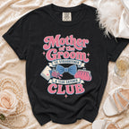 Black t-shirt with "Mother of the Groom Tie Straightener & Tear Catcher Club" text.