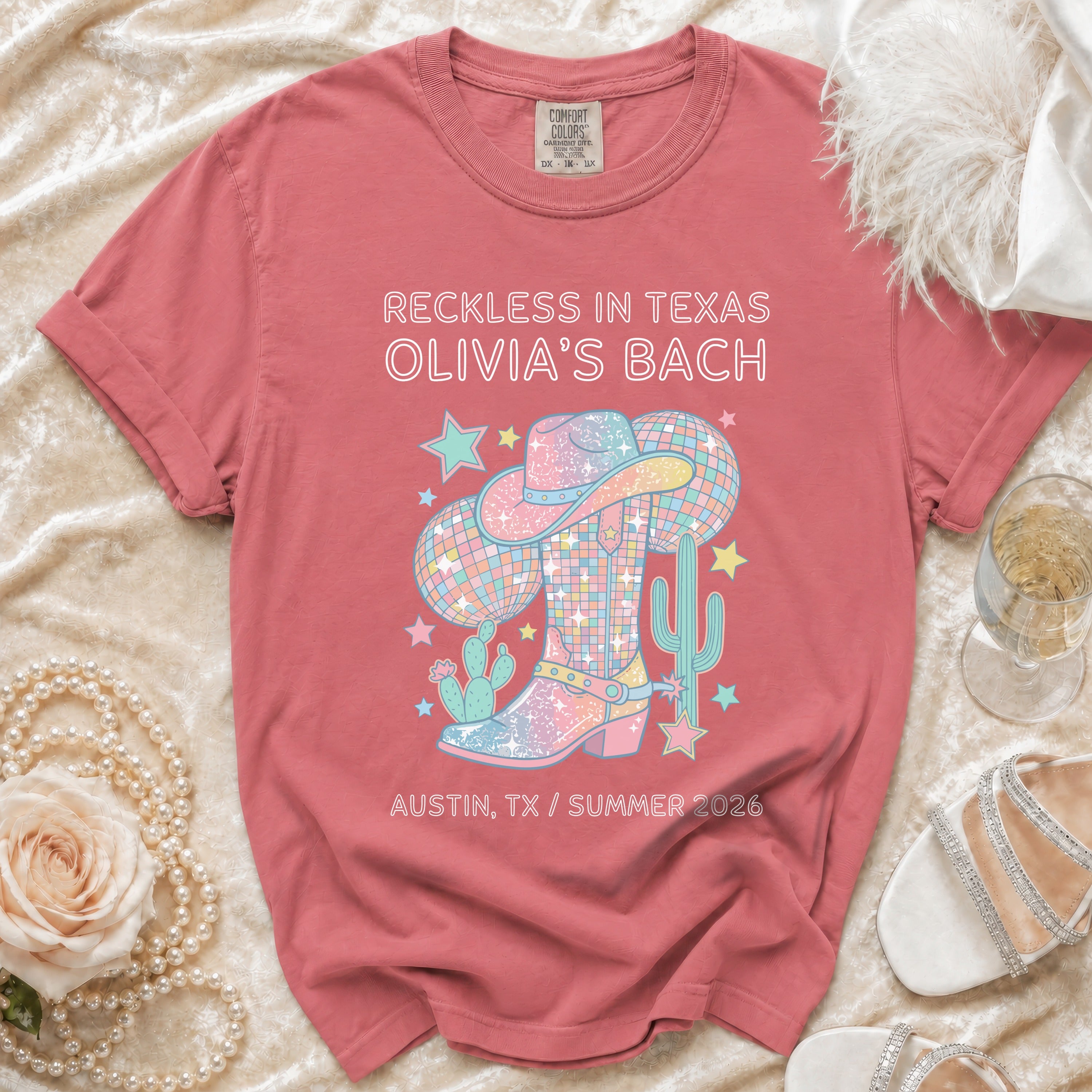 Cowboy boot and disco ball graphic for Olivia's Bach in Texas.