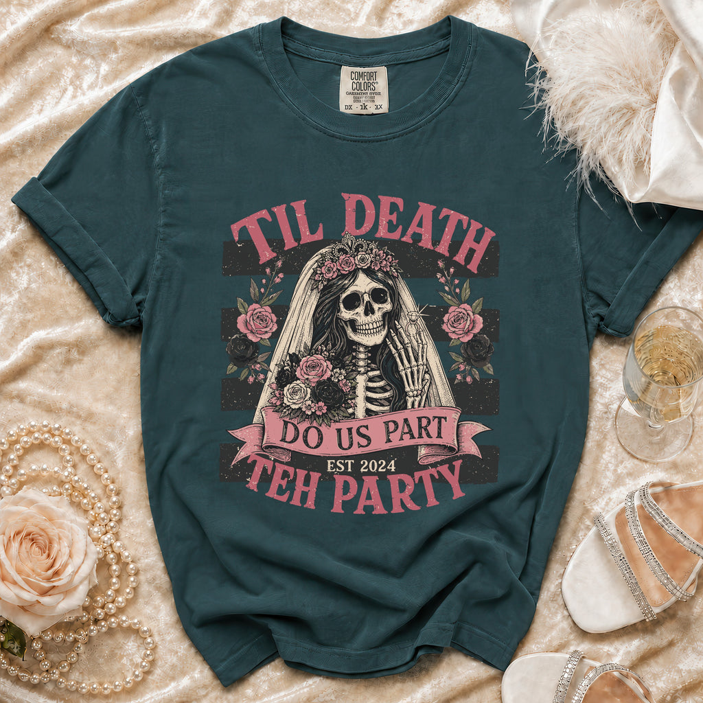 Til Death Do Us Part, Est 2024, Teh Party skeleton bride t-shirt.