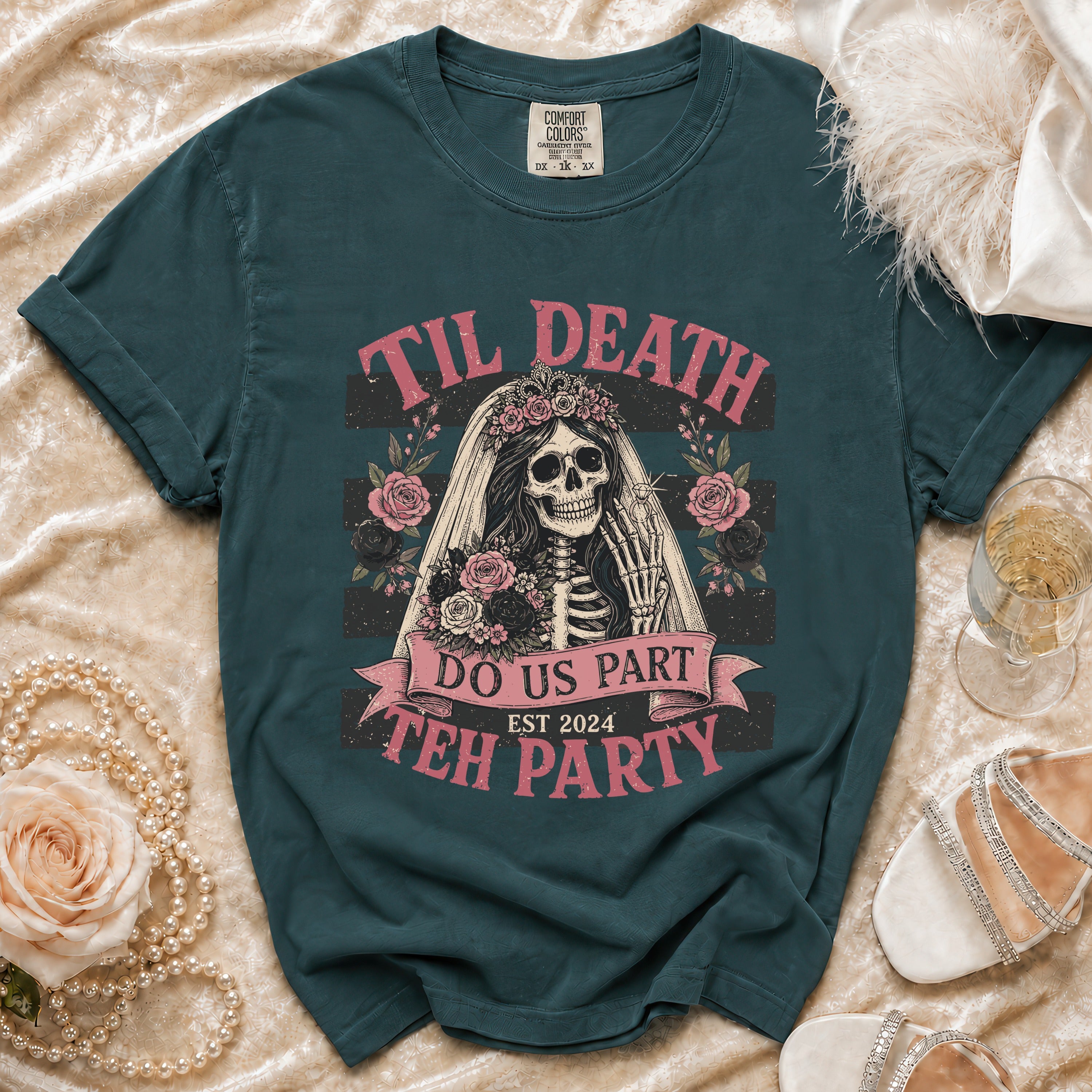 Til Death Do Us Part, Est 2024, Teh Party skeleton bride t-shirt.