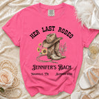 Pink t-shirt with "Her Last Rodeo Jennifer's Bach" and cowboy boots graphic.