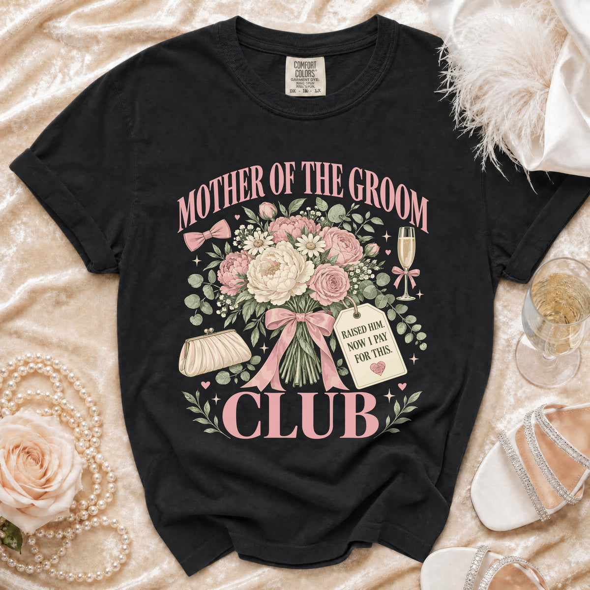 Black t-shirt with "Mother of the Groom Club" and floral design.