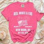 Pink t-shirt with "Red, White & I Do Bachelorette" and July 4th, 2026 details.
