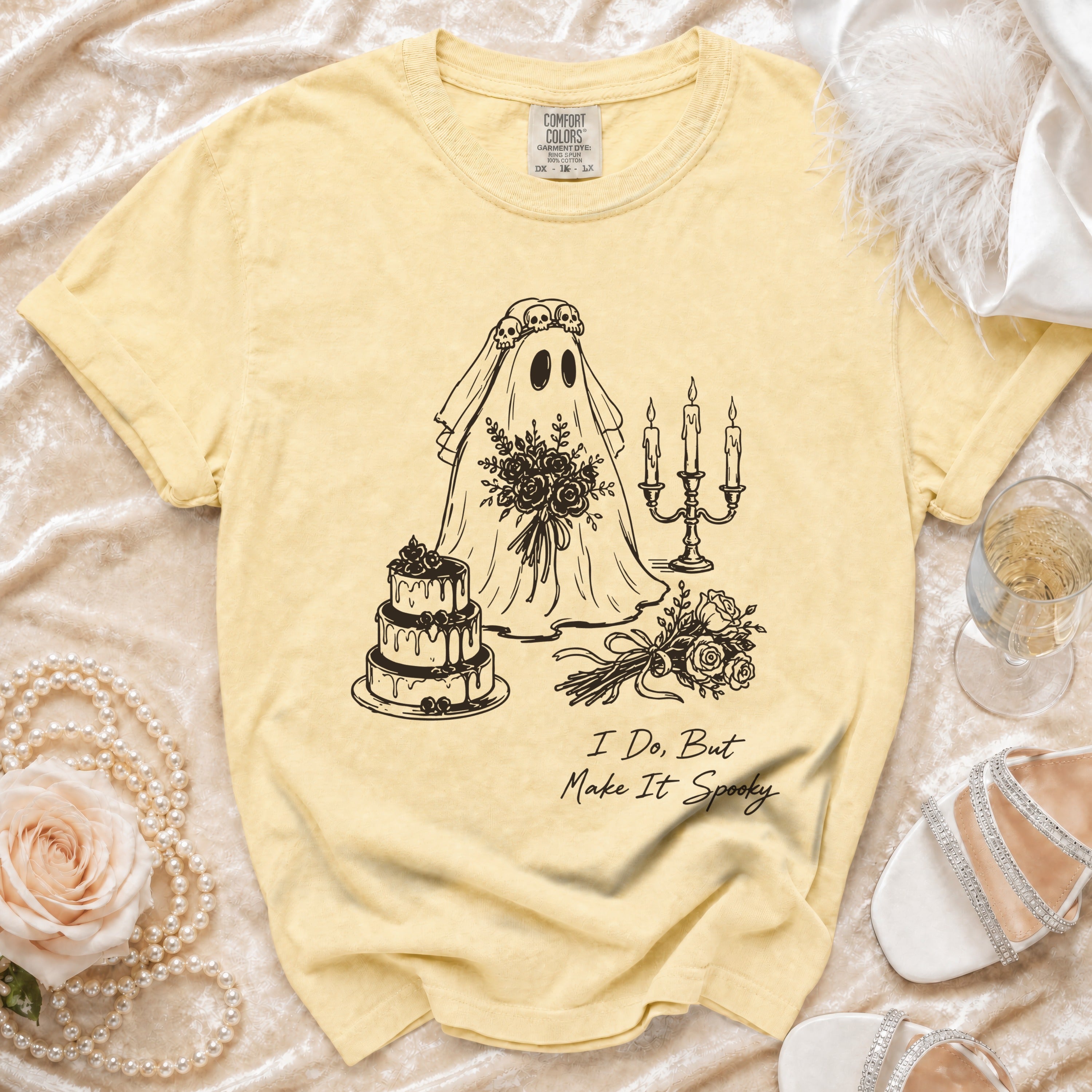 Yellow t-shirt with "I Do, But Make It Spooky" graphic of a bridal ghost.