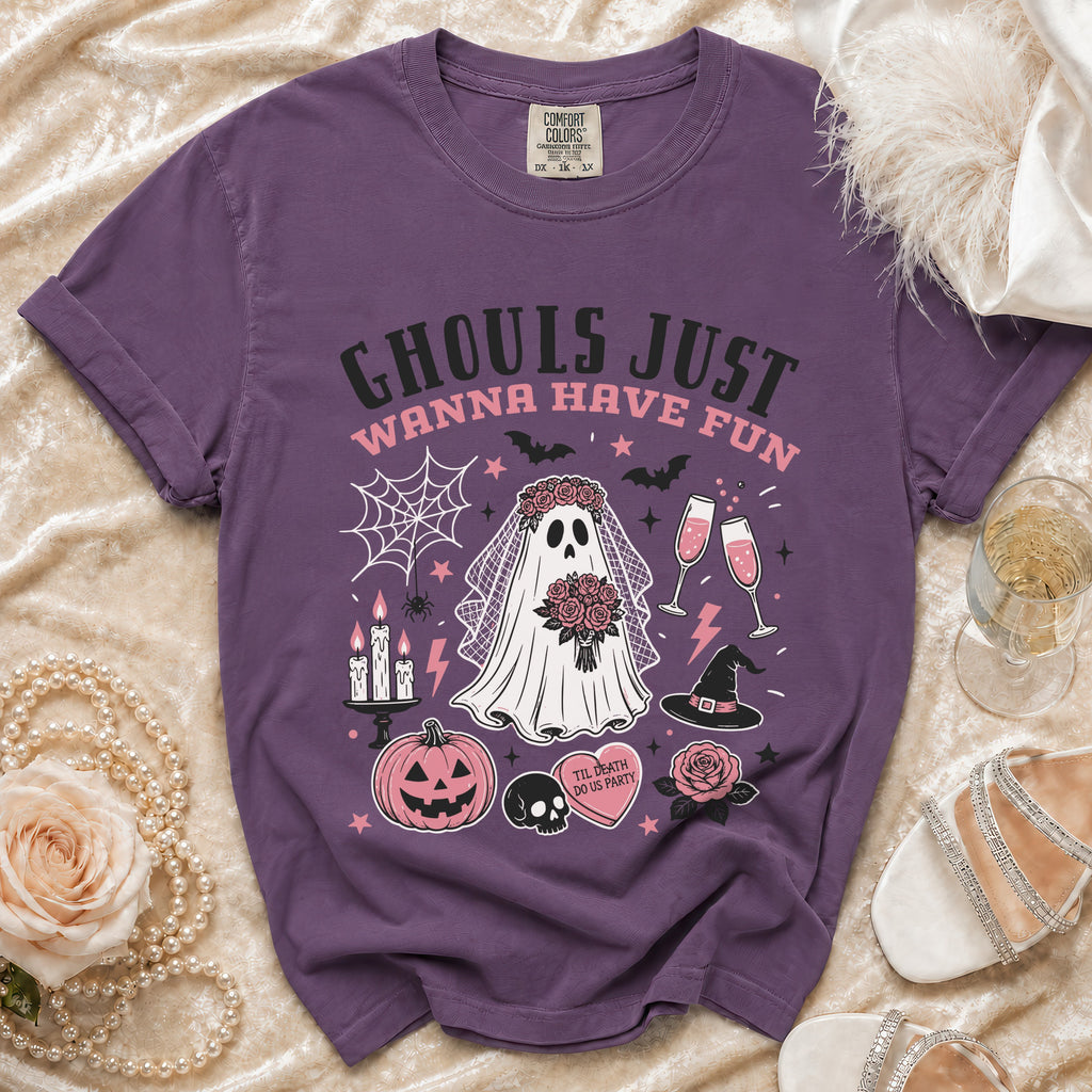 Purple t-shirt with "Ghouls Just Wanna Have Fun" Halloween graphic.