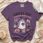 Purple t-shirt with "Ghouls Just Wanna Have Fun" Halloween graphic.
