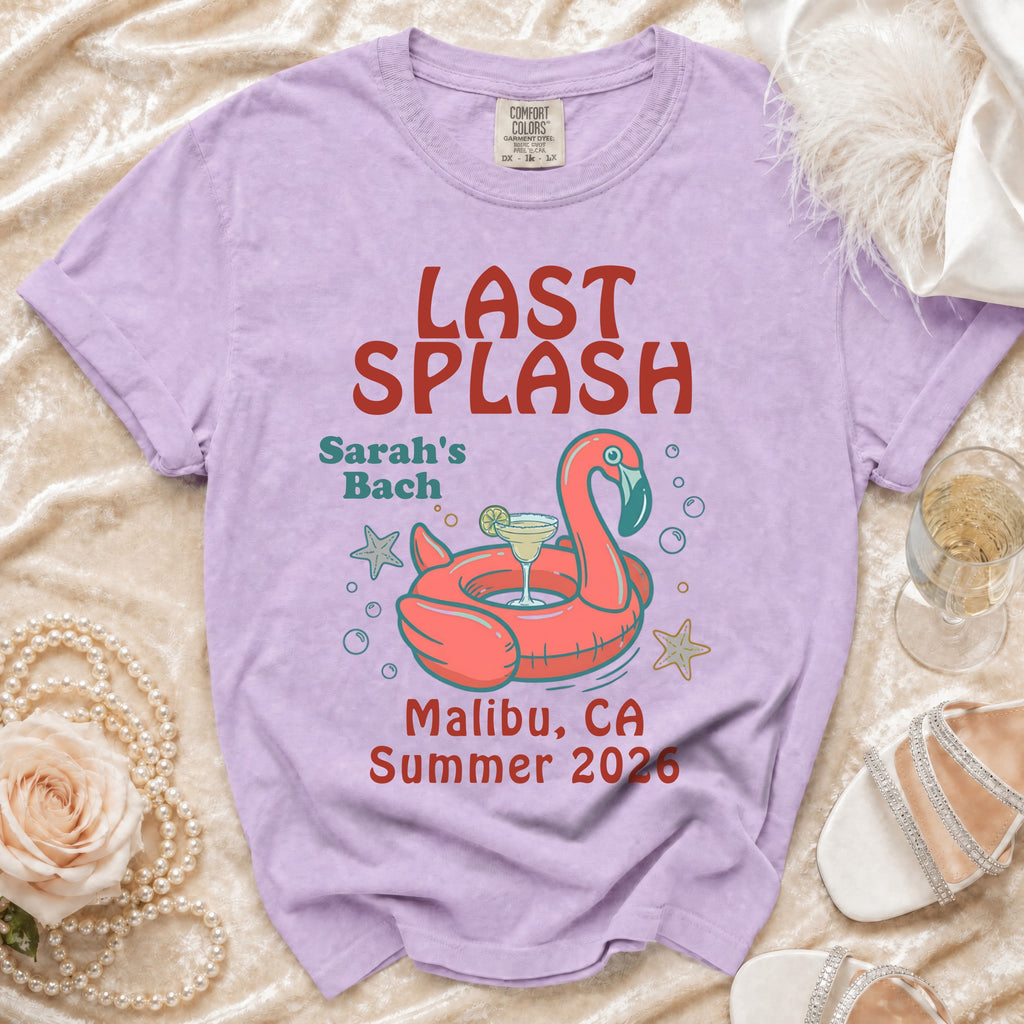 Last Splash Sarah's Bach t-shirt with flamingo float, Malibu, CA, Summer 2026.