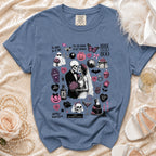 Skeleton bride and groom t-shirt with spooky wedding and Halloween graphics.