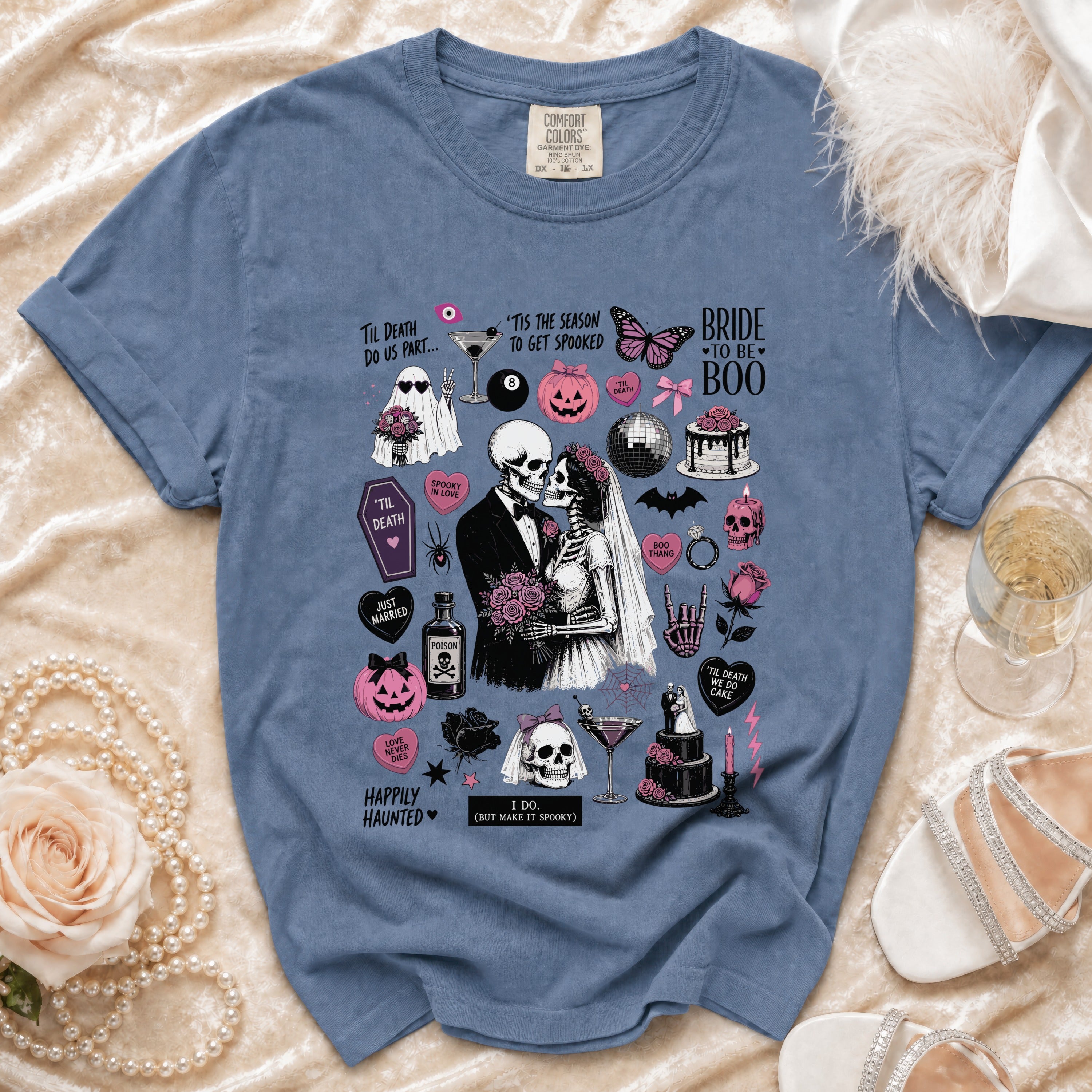 Skeleton bride and groom t-shirt with spooky wedding and Halloween graphics.