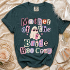 Teal Comfort Colors t-shirt with "Mother of the Bride Boo Crew" text and ghost graphic.