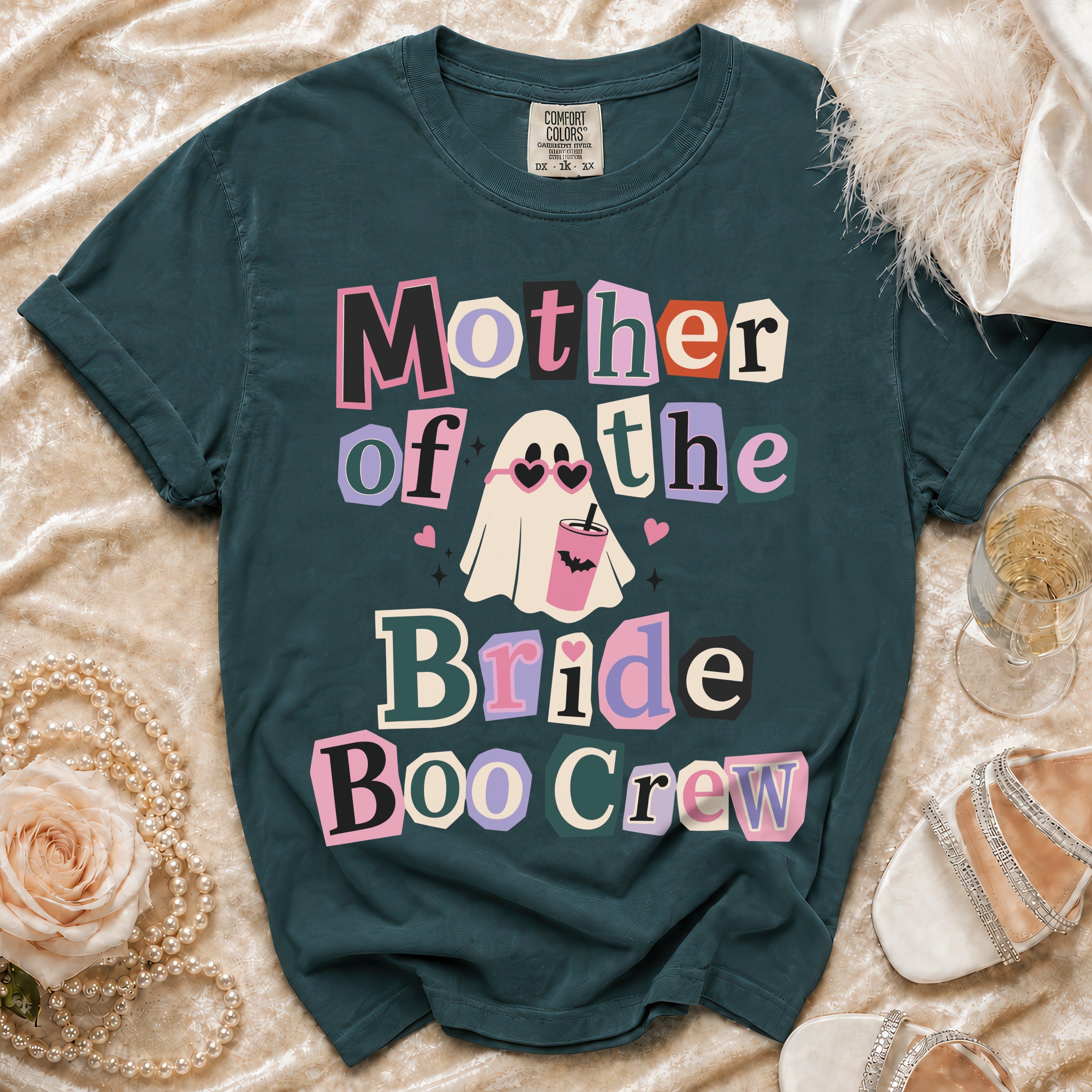 Teal Comfort Colors t-shirt with "Mother of the Bride Boo Crew" text and ghost graphic.