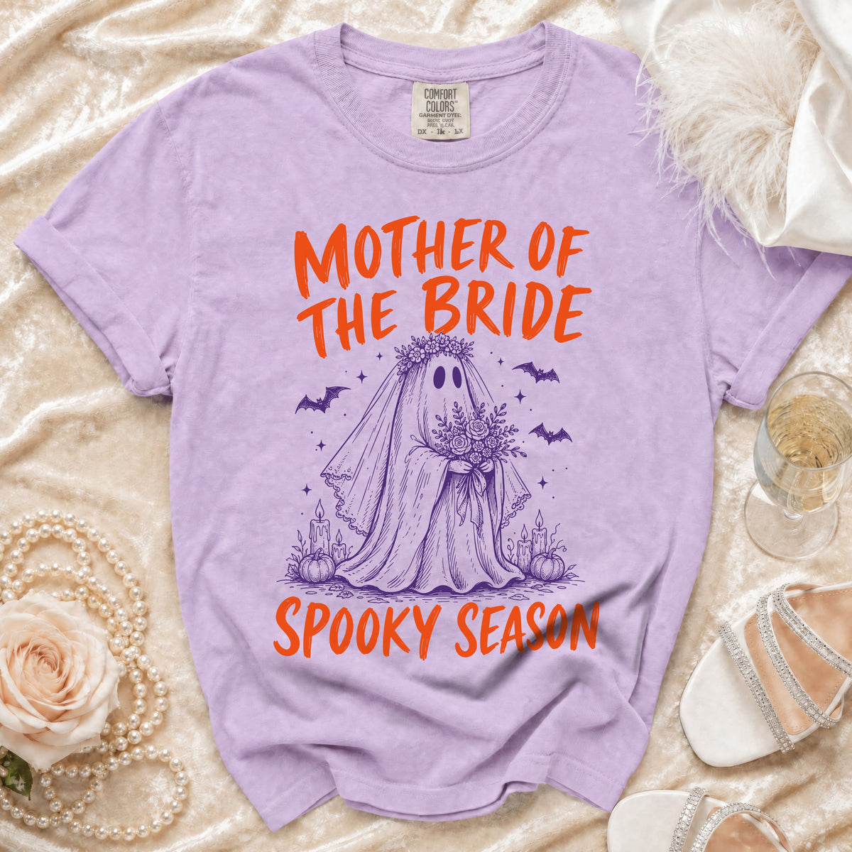 Lavender t-shirt with "Mother of the Bride Spooky Season" text and ghost graphic.