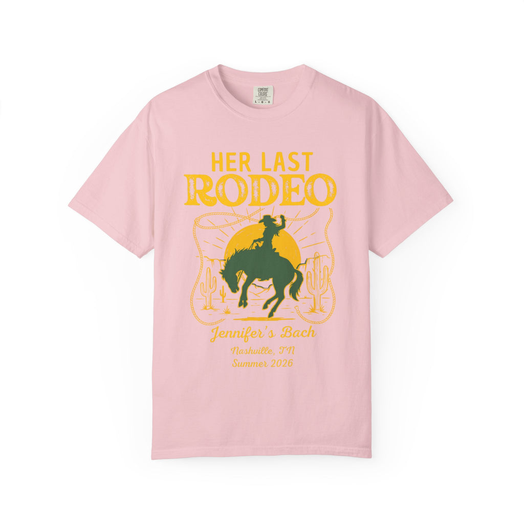 Pink t-shirt with "HER LAST RODEO Jennifer's Bach" text and rodeo graphic.