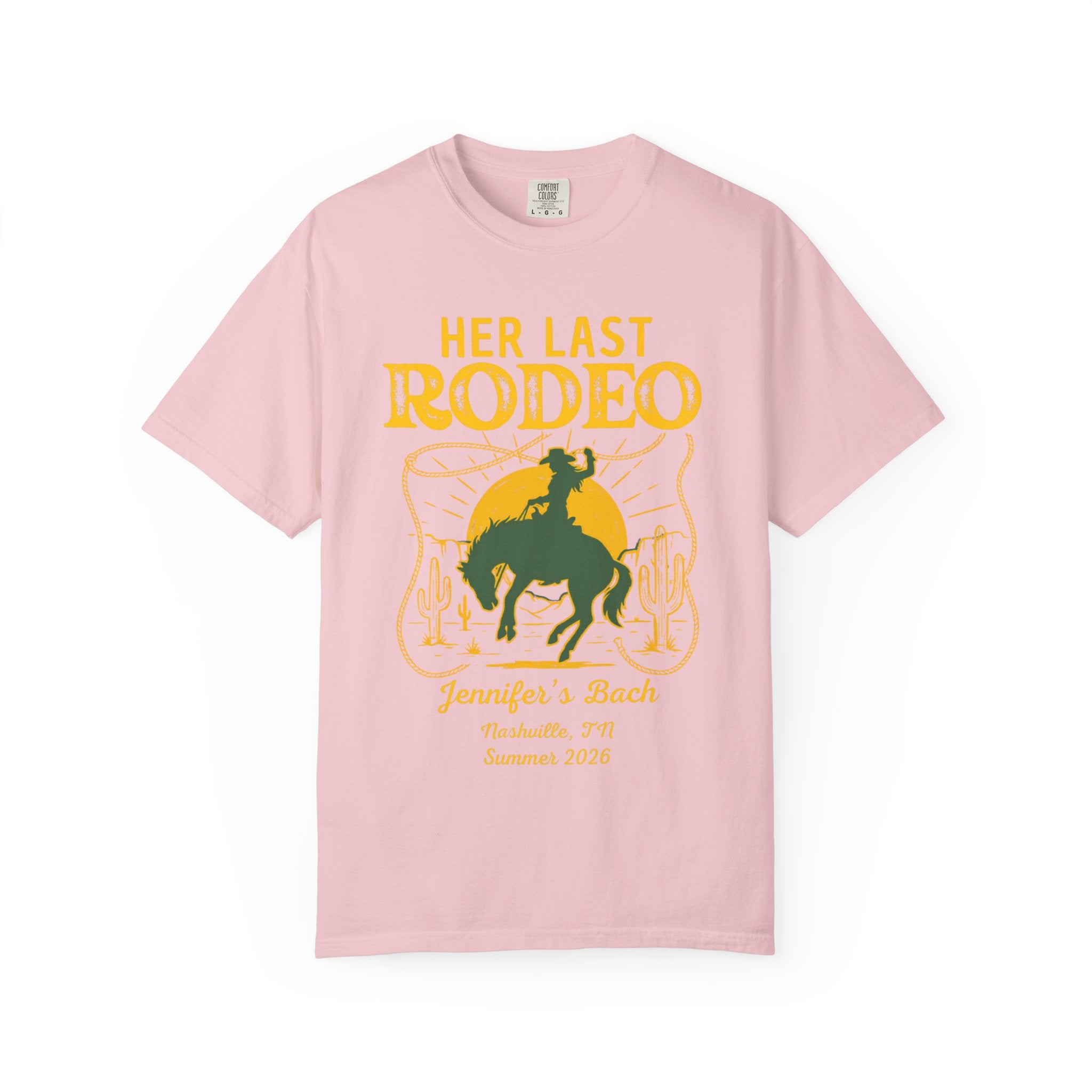Pink t-shirt with "HER LAST RODEO Jennifer's Bach" text and rodeo graphic.