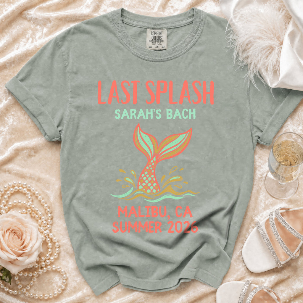 Green t-shirt with "Last Splash Sarah's Bach Malibu, CA Summer 2026" text.