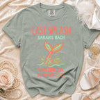 Green t-shirt with "Last Splash Sarah's Bach Malibu, CA Summer 2026" text.