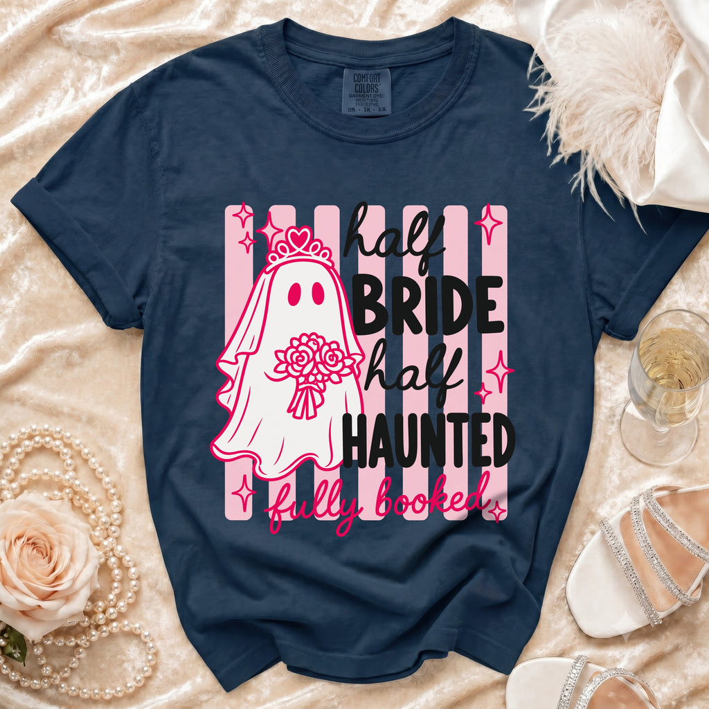 Navy t-shirt with ghost bride graphic reading "half BRIDE half HAUNTED fully booked".