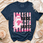 Navy t-shirt with ghost bride graphic reading "half BRIDE half HAUNTED fully booked".