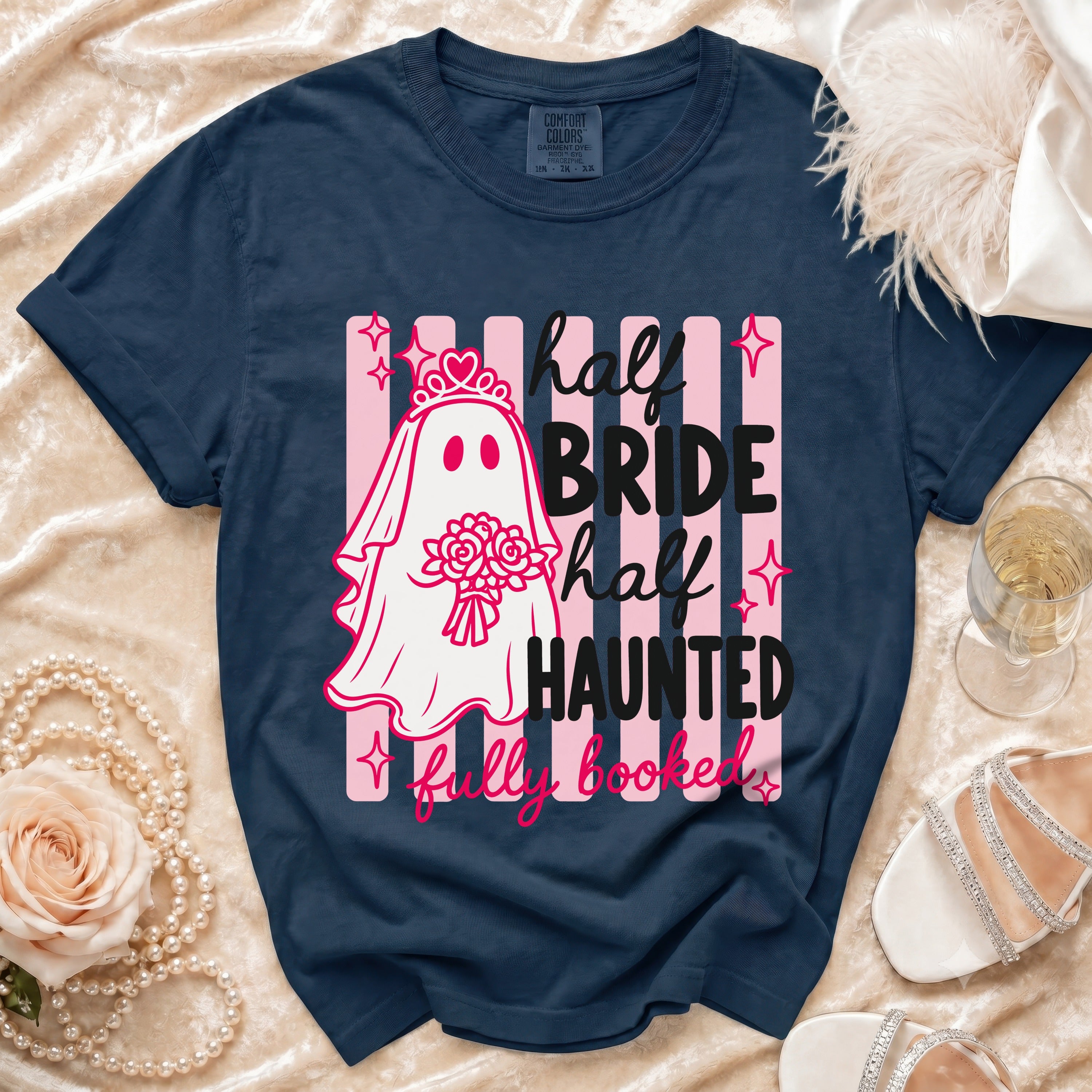 Navy t-shirt with ghost bride graphic reading "half BRIDE half HAUNTED fully booked".