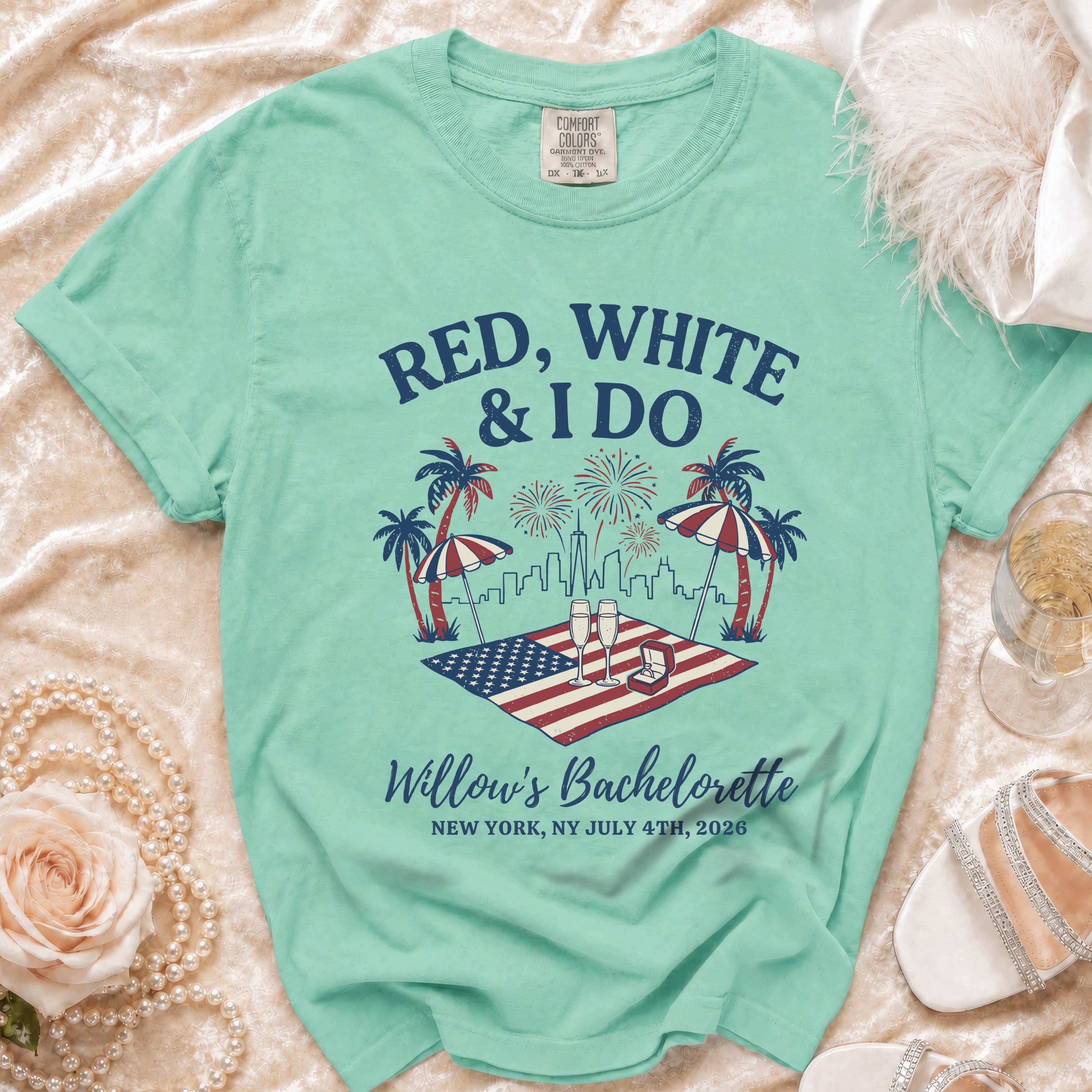 Red, white, & I Do bachelorette t-shirt with fireworks and palm trees.