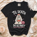 Black t-shirt with skeleton bride graphic and "Til Death Do Us Party" text.