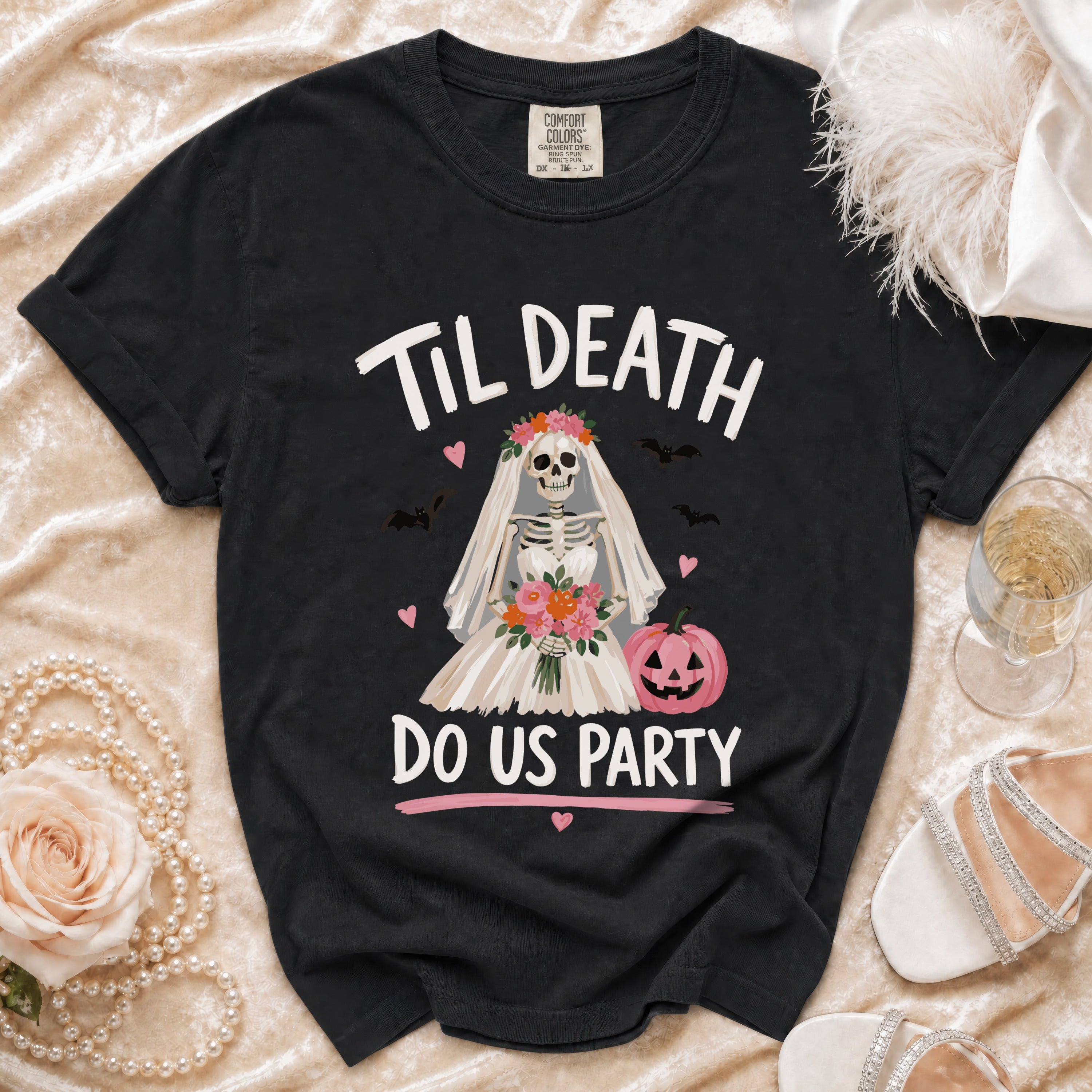 Black t-shirt with skeleton bride graphic and "Til Death Do Us Party" text.
