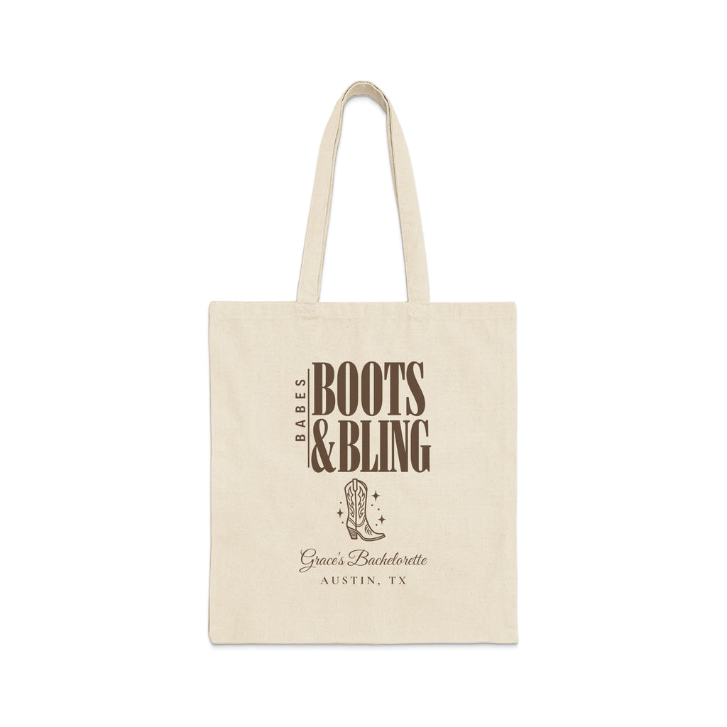 Off-white canvas tote bag featuring brown text reading Boots & Bling, a cowboy boot, and Austin, TX.