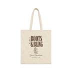 Off-white canvas tote bag featuring brown text reading Boots & Bling, a cowboy boot, and Austin, TX.