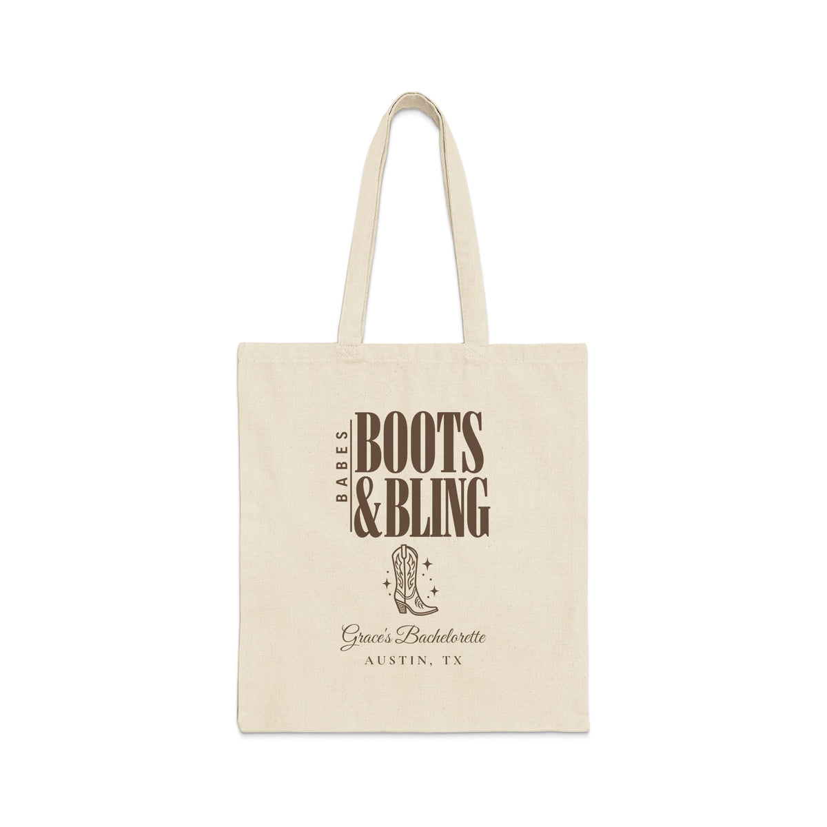 Off-white canvas tote bag featuring brown text reading Boots & Bling, a cowboy boot, and Austin, TX.