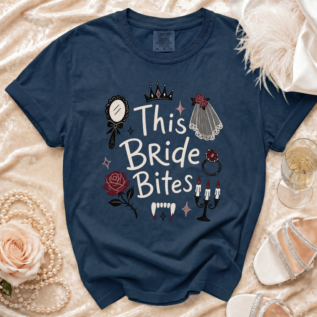 Navy t-shirt with "This Bride Bites" graphic and gothic bridal accents.