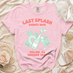 Pink t-shirt with "Last Splash Sarah's Bach Malibu CA Summer 2026" graphic.