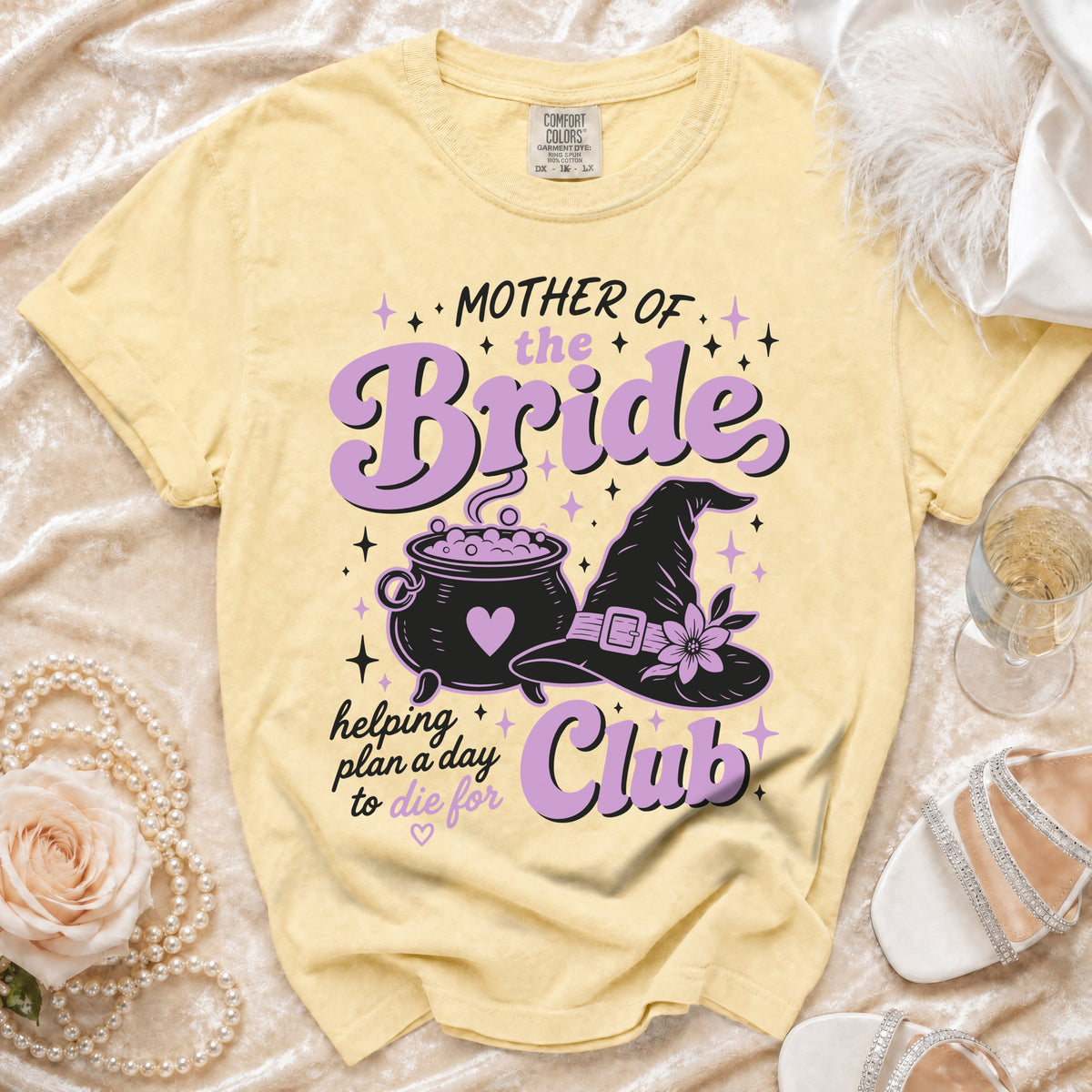 "Mother of the Bride Club" graphic t-shirt with witchy cauldron and hat.