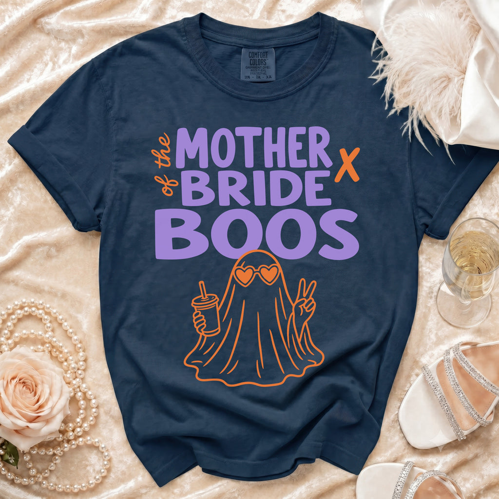 Navy shirt with "Mother Bride Boos" text and a ghost graphic.