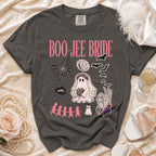 Dark gray t-shirt with "Boo-Jee Bride" text and Halloween-themed ghost and cat graphics.