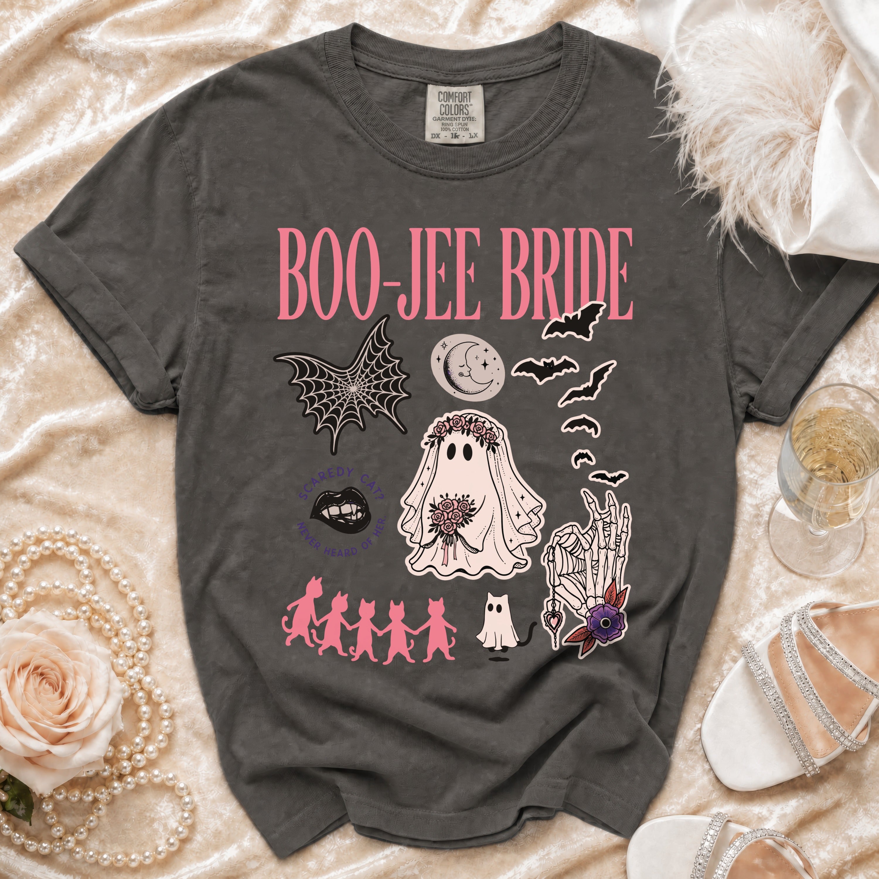 Dark gray t-shirt with "Boo-Jee Bride" text and Halloween-themed ghost and cat graphics.