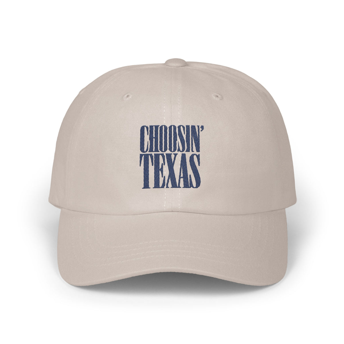 Light beige baseball cap featuring embroidered blue text on the front that reads CHOOSIN TEXAS.