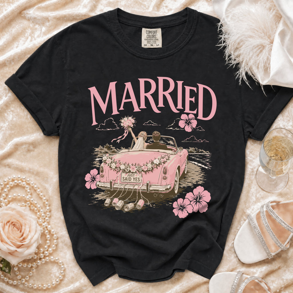 Black t-shirt with "MARRIED" text and wedding car graphic.