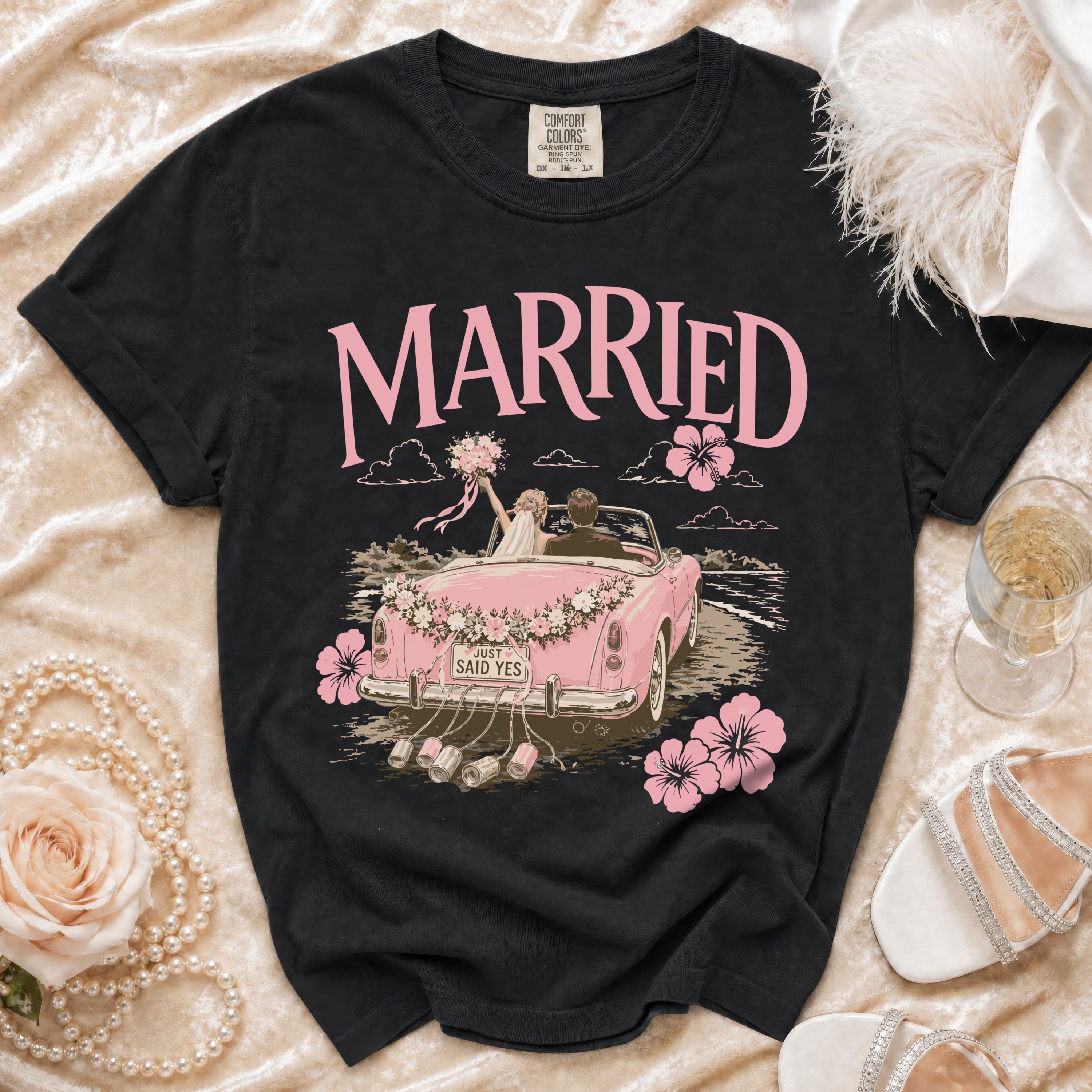 Black t-shirt with "MARRIED" text and wedding car graphic.