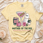 Yellow t-shirt with "Mother of the Boo" and Halloween graphics.