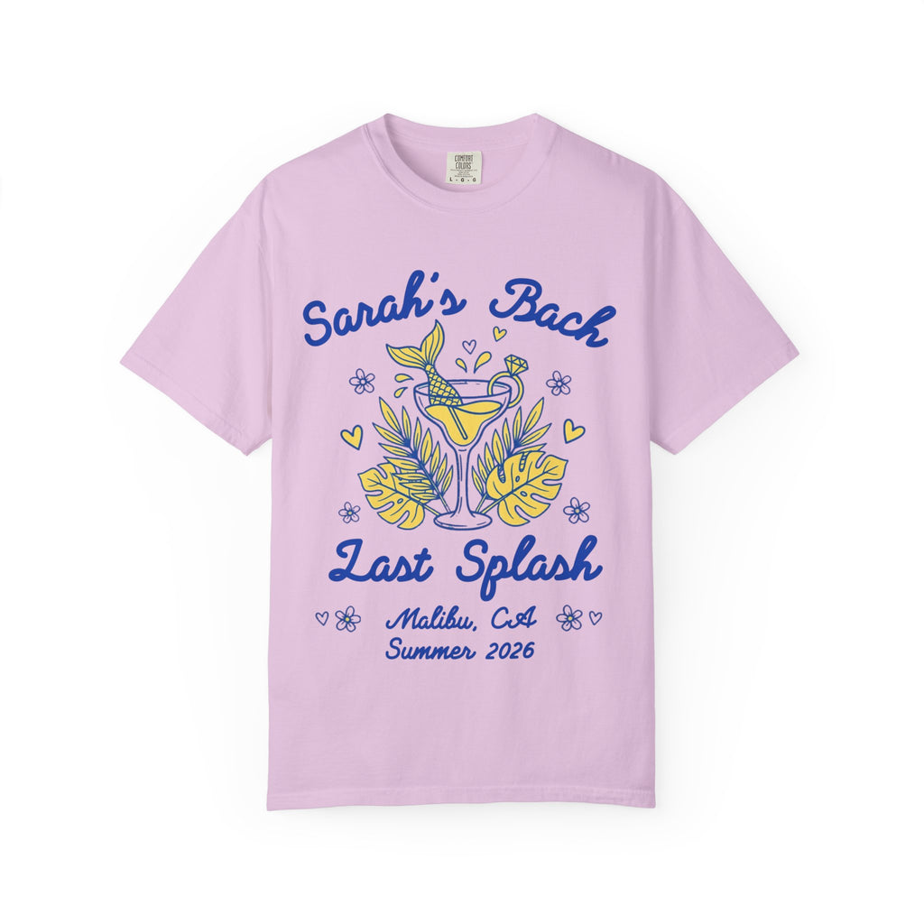 T-shirt with "Sarah's Bach Last Splash" text, palm fronds, and mermaid tail.