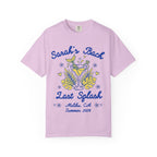 T-shirt with "Sarah's Bach Last Splash" text, palm fronds, and mermaid tail.
