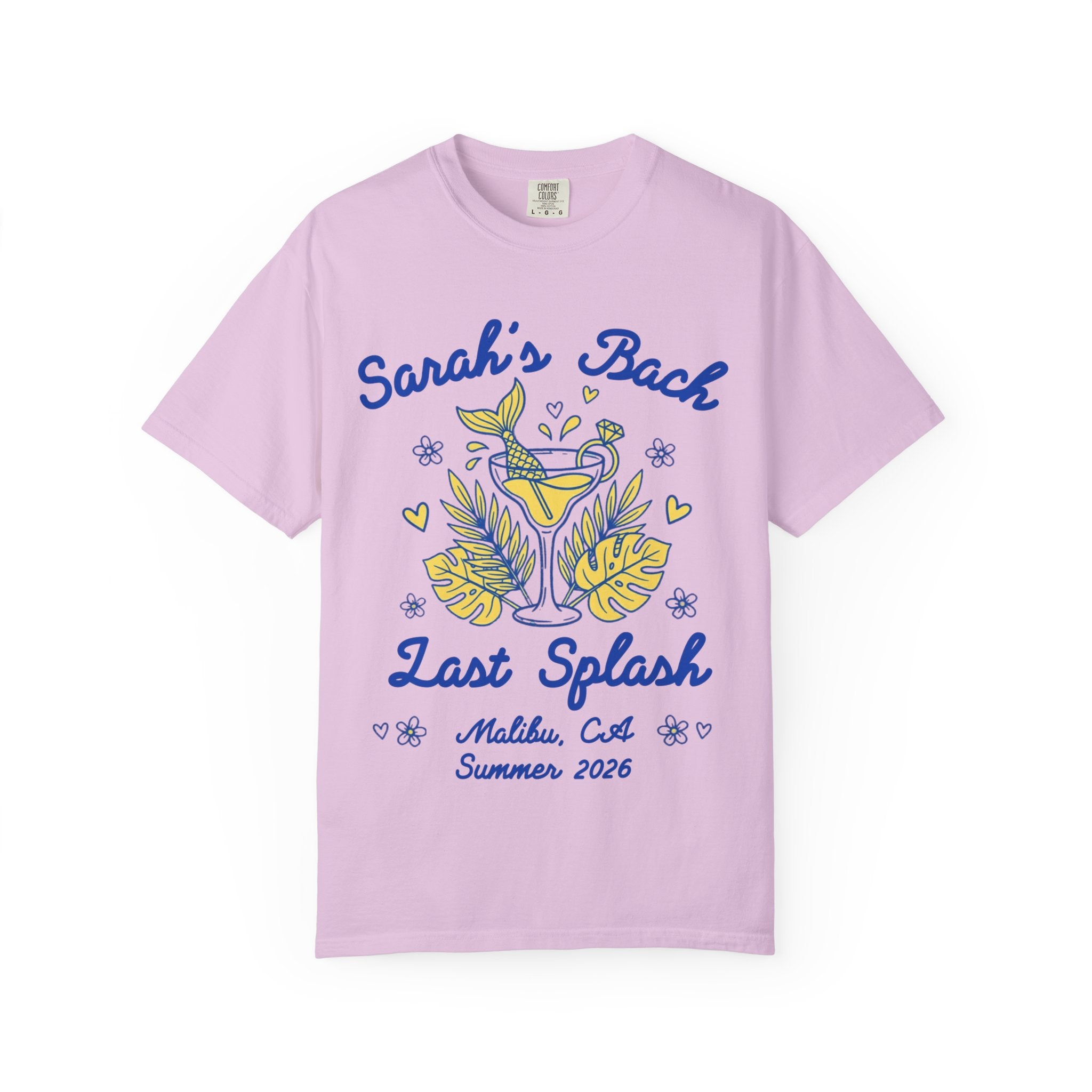 T-shirt with "Sarah's Bach Last Splash" text, palm fronds, and mermaid tail.