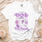 White t-shirt with "Proud Member Bride Till Death Book Club" and a ghost graphic.
