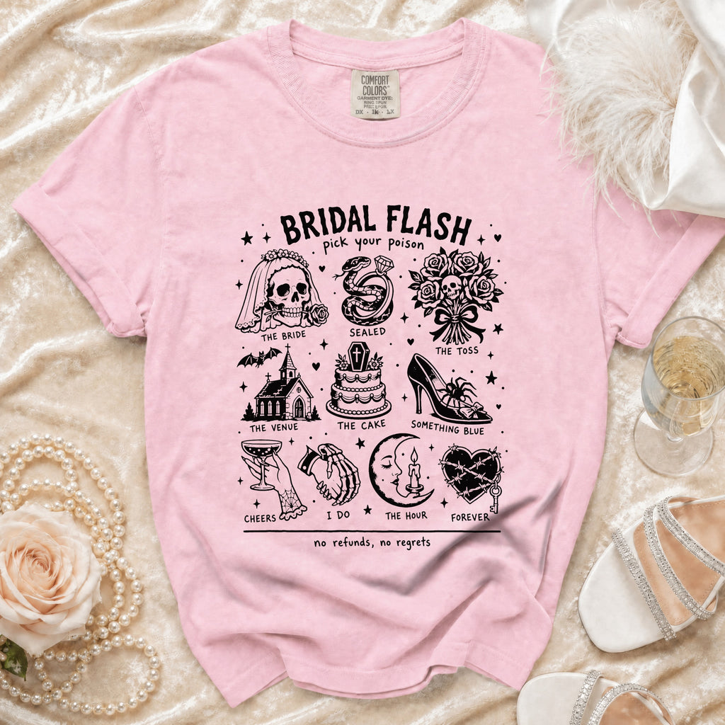 Pink t-shirt with "Bridal Flash" graphic featuring skulls, rings, and wedding elements.