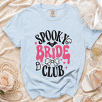 Light blue t-shirt with "Spooky Bride Club" text and Halloween graphics.