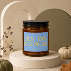Amber jar candle with blue label reading "BEST DAY, BEST PEOPLE" and "VOWED".