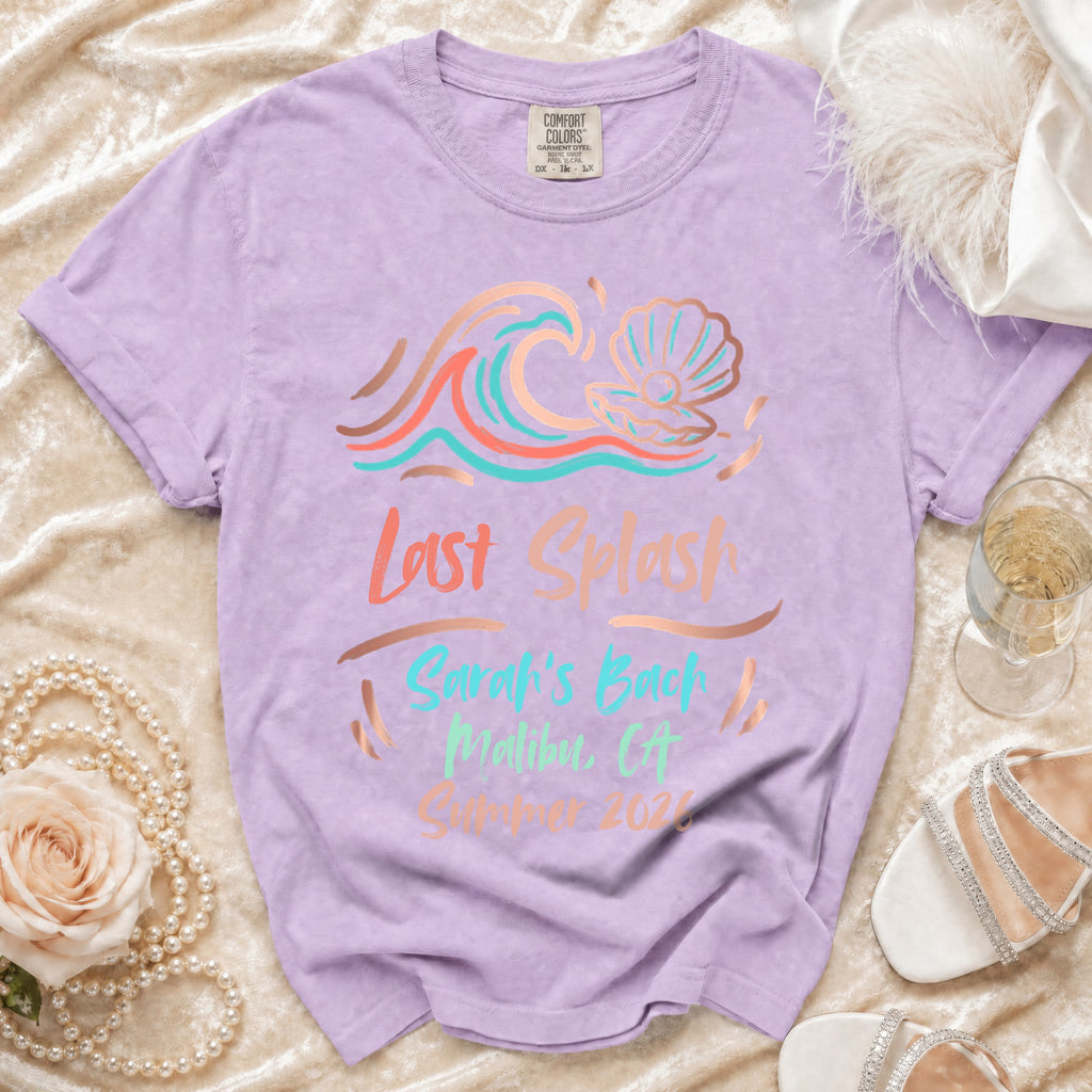 Lavender t-shirt with "Last Splash Sarah's Bach Malibu CA Summer 2024" text.
