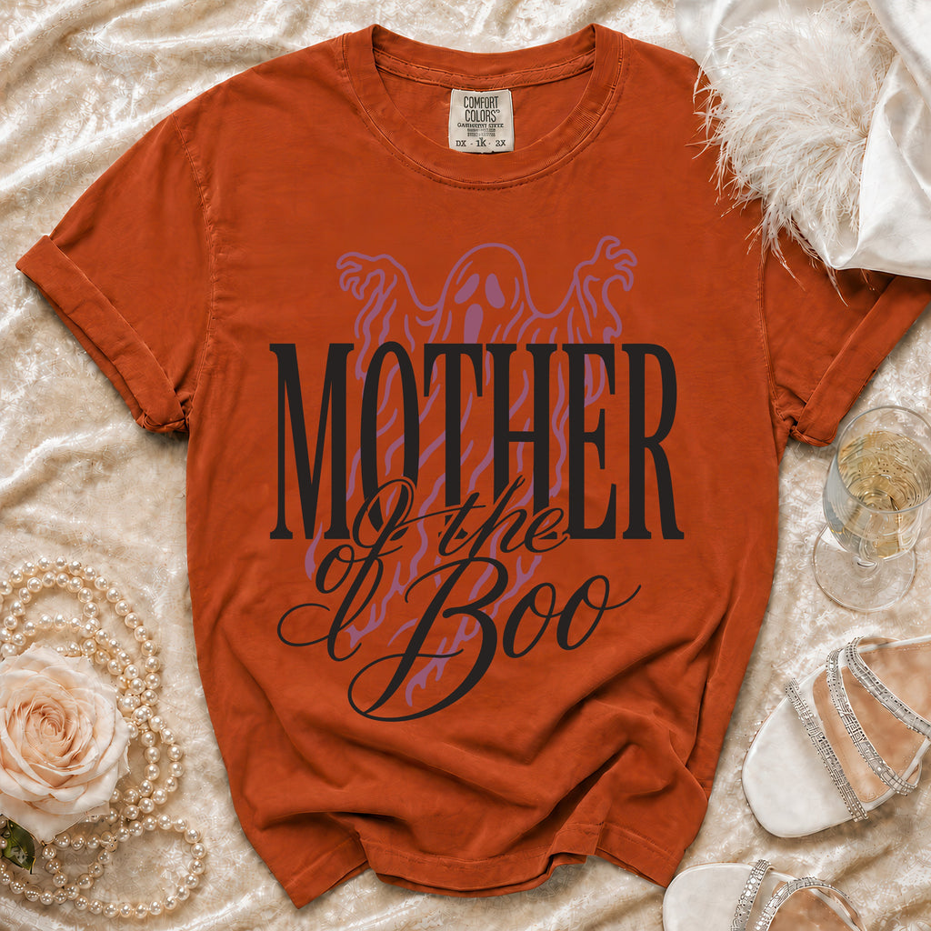 Orange t-shirt with "MOTHER of the Boo" text and ghost graphic.