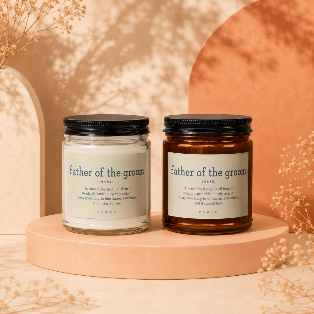 Two "father of the groom" candles, one clear and one amber jar, with descriptive text.